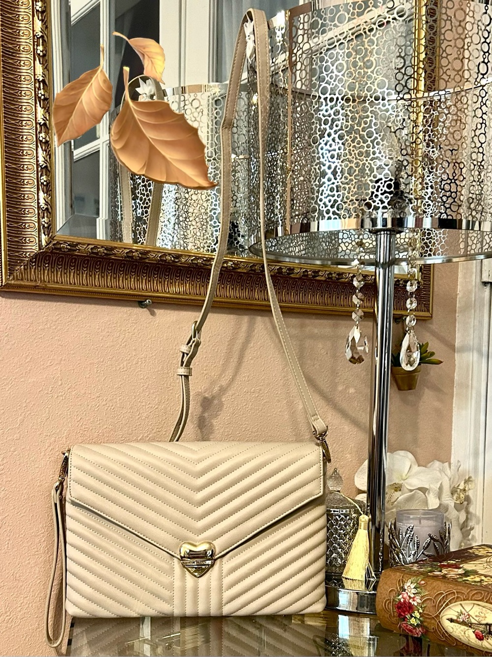 Mario Valentino Beige Quilted Shoulder Bag/Purse Clutch with Gold Heart Lock